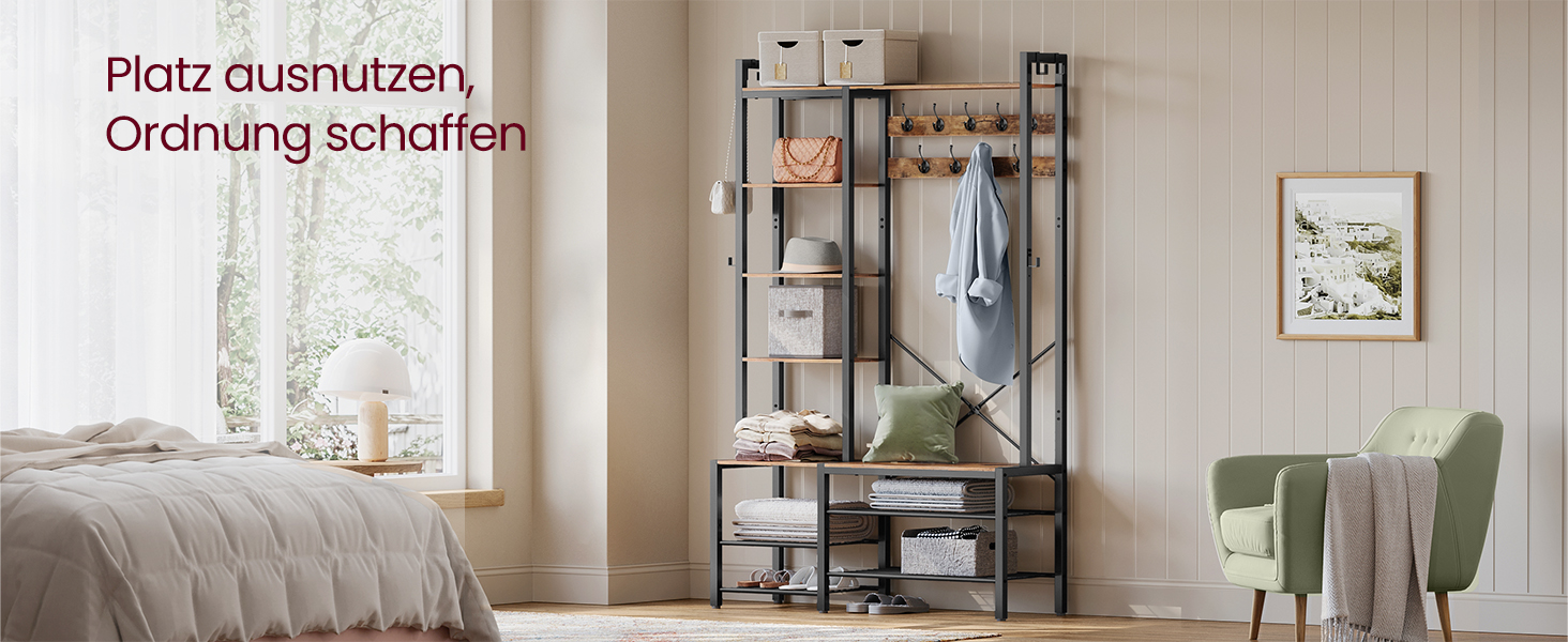 Стійка для одягу VASAGLE з полицею для взуття, 5 полиць, 9 тричі-гачків, 6 бічних гачків, 40 x 120 x 190 см, вінтажний коричневий + чорний, HSR426B01