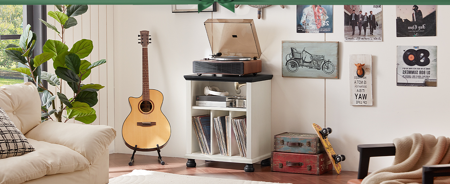 Стійка для програвача LELELINKY: полиця для 200 платівок, дерев'яний стіл для вітальні, спальні, офісу, білий