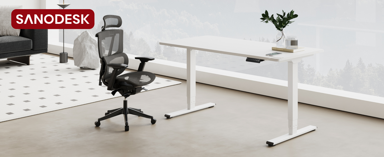 Регульований стіл Sanodesk 160x80 см білий + ahron. Електричний, ергономічний, з подвійним мотором.