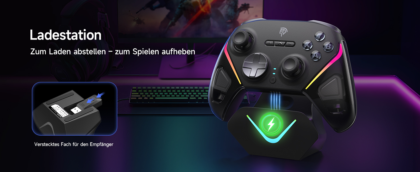 EasySMX D10 Контролер для ПК з зарядною станцією, бездротовий контролер з TMR джойстиком та 2-в-1 тригером, 1000Hz Polling контролер з RGB підсвічуванням для ПК/Switch/Android – Чорний