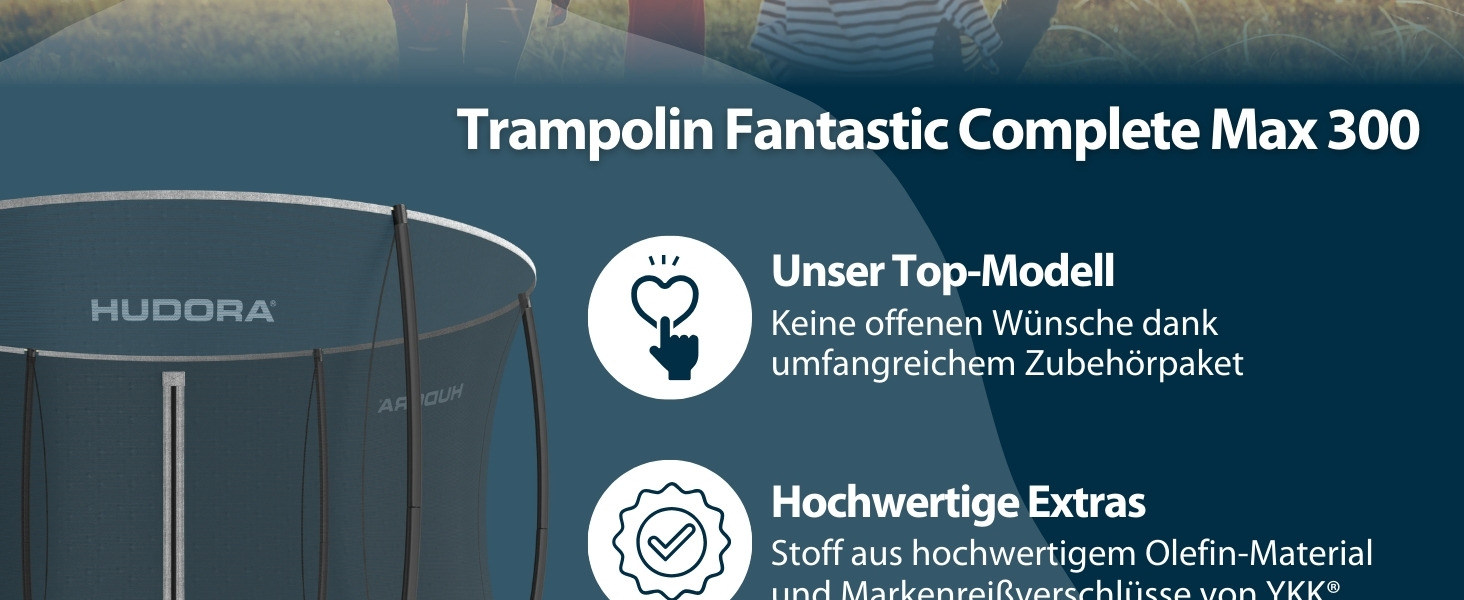 Батут садовий HUDORA Fantastic Complete Max: діаметр 300 см, з захисною сіткою, драбиною та захисним бортом, навантаження до 120 кг