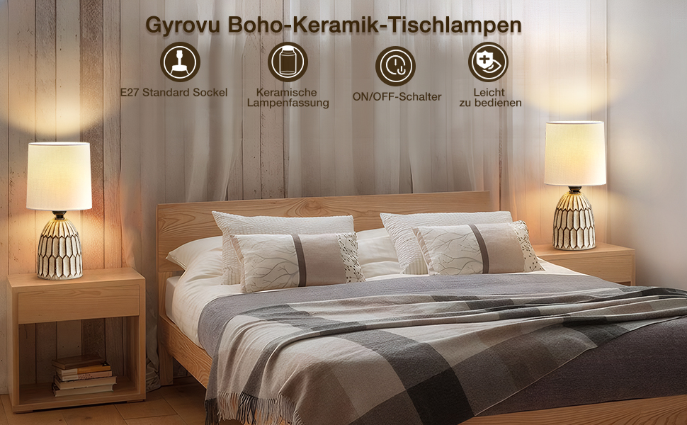 Настільна лампа GyroVu 2 шт. з ротангу, Бохо стиль, цоколь E27, для спальні, вітальні, читання