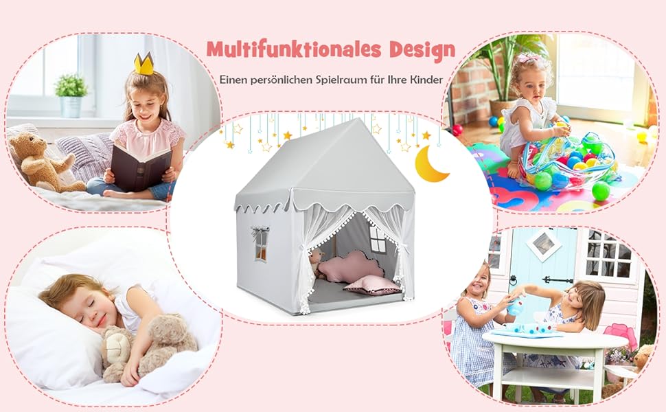 Дитячий намет DREAMADE з м'якою дахом та вікнами, дерев'яний каркас, ігровий будиночок, намет Тіпі для хлопчиків та дівчаток (сірий)