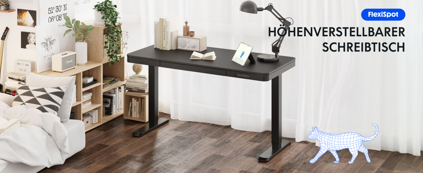 Електричний регульований стіл FLEXISPOT з підйомною функцією, USB-порт, ящик для зберігання та скляною стільницею (сніжно-білий), 140 x 70 см, Luxusschwarz