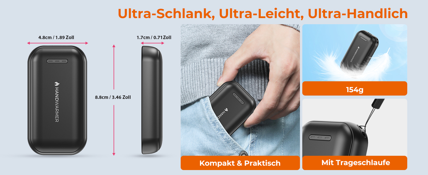 Електричні грілки для рук 2-в-1 з магнітом - 6000 mAh, USB, з брелоком, 3 режими нагріву до 55°C, ультралегкі та тонкі, для кемпінгу