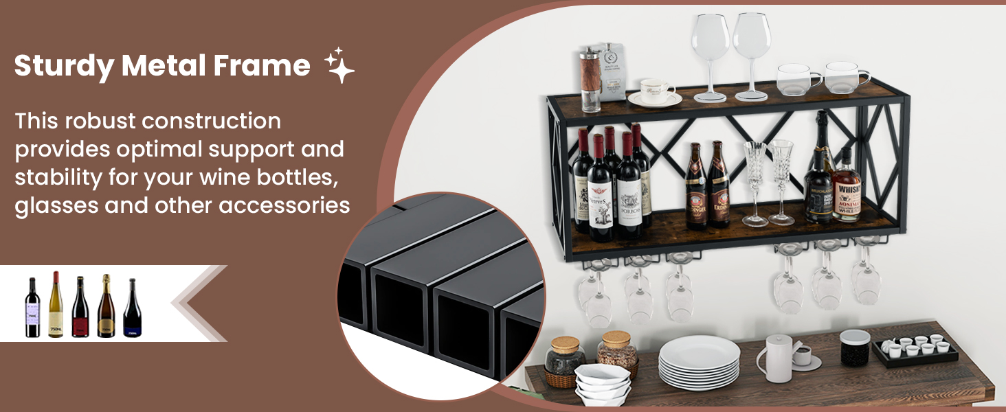 Стильна полиця для вина Komfotteu на стіну, дерев'яна з металевим каркасом, з тримачем для келихів, 60 x 20 x 55 см