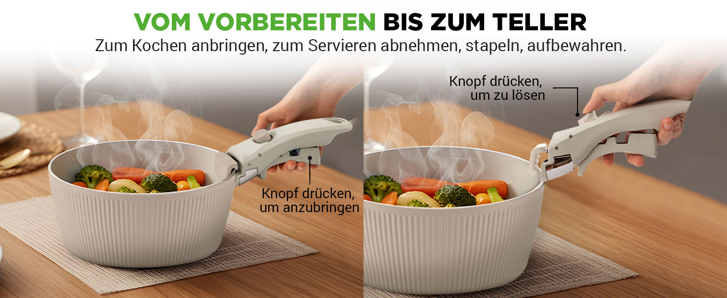 Набір посуду NutriChef 18 частин з кераміки кремового кольору з знімними ручками. Підходить для індукційних плит, всіх типів плит, духовок. Антипригарне покриття, компактний, можна складати.