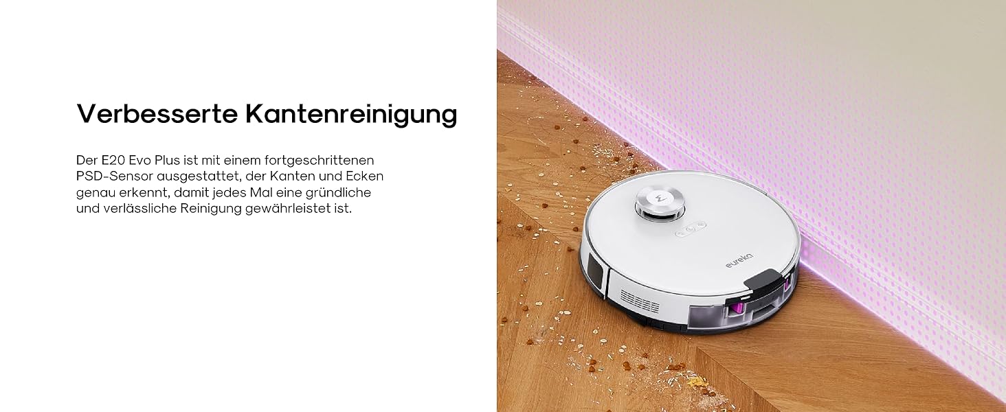 Робот-пилосос Eureka E20 Plus з потужністю 8000 Па, самостійною станцією очищення, функцією запобігання заплутування, 3D уникнення перешкод, 180 хвилин роботи, DuoDetect AI, білий