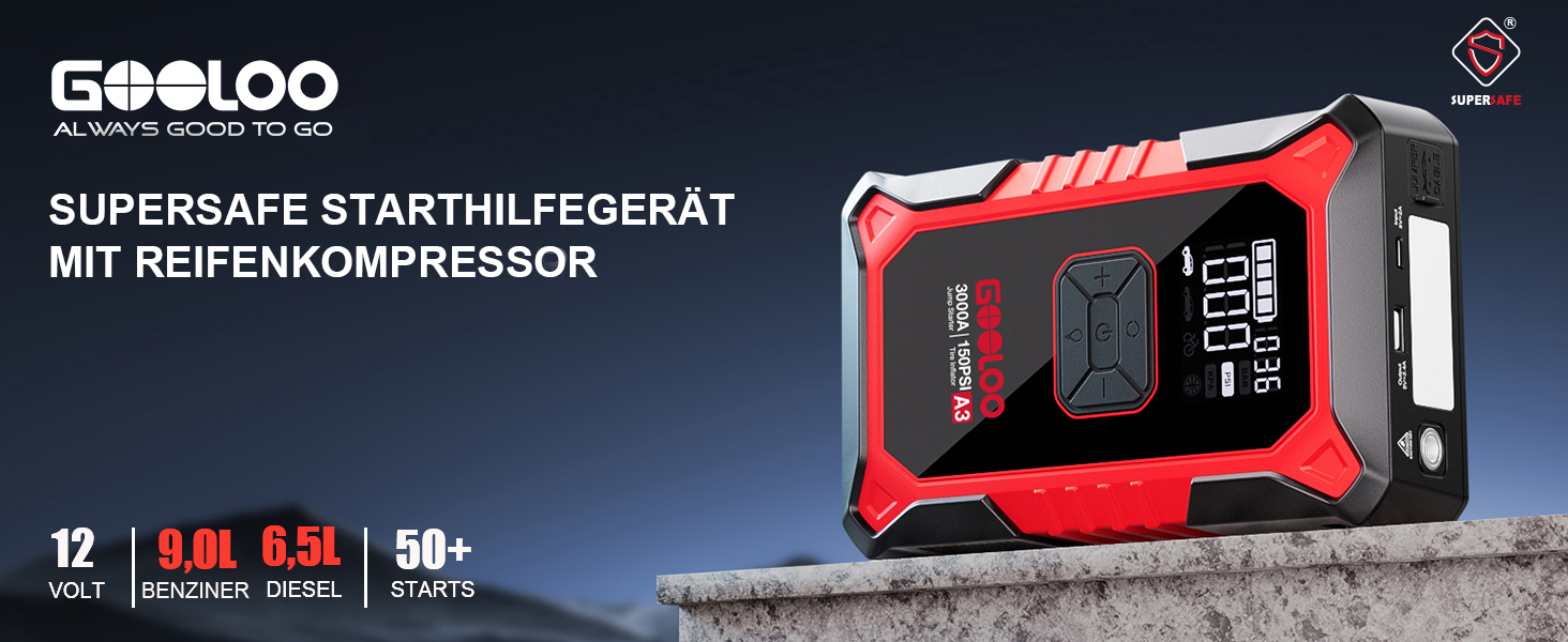 Пусковий пристрій GOOLOO A3 Jump Starter 3000A з компресором 150 PSI та функцією Powerbank