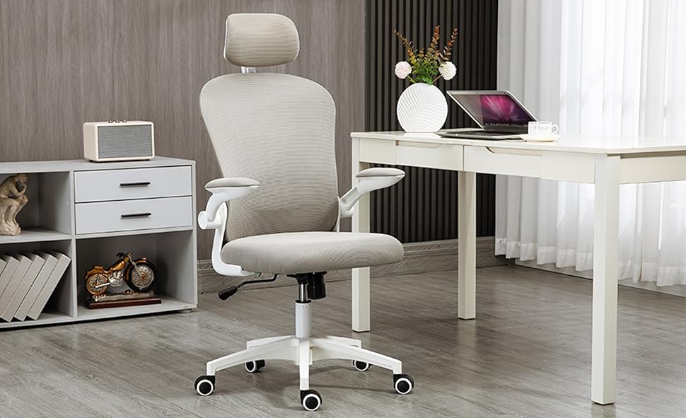 Офісне крісло Vinsetto з високою спинкою, сітчаста тканина, комп'ютерне крісло з обертовою підголівником, 4D поперекова підтримка, відкидні підлокітники, регульована висота, Білий (Сірий)