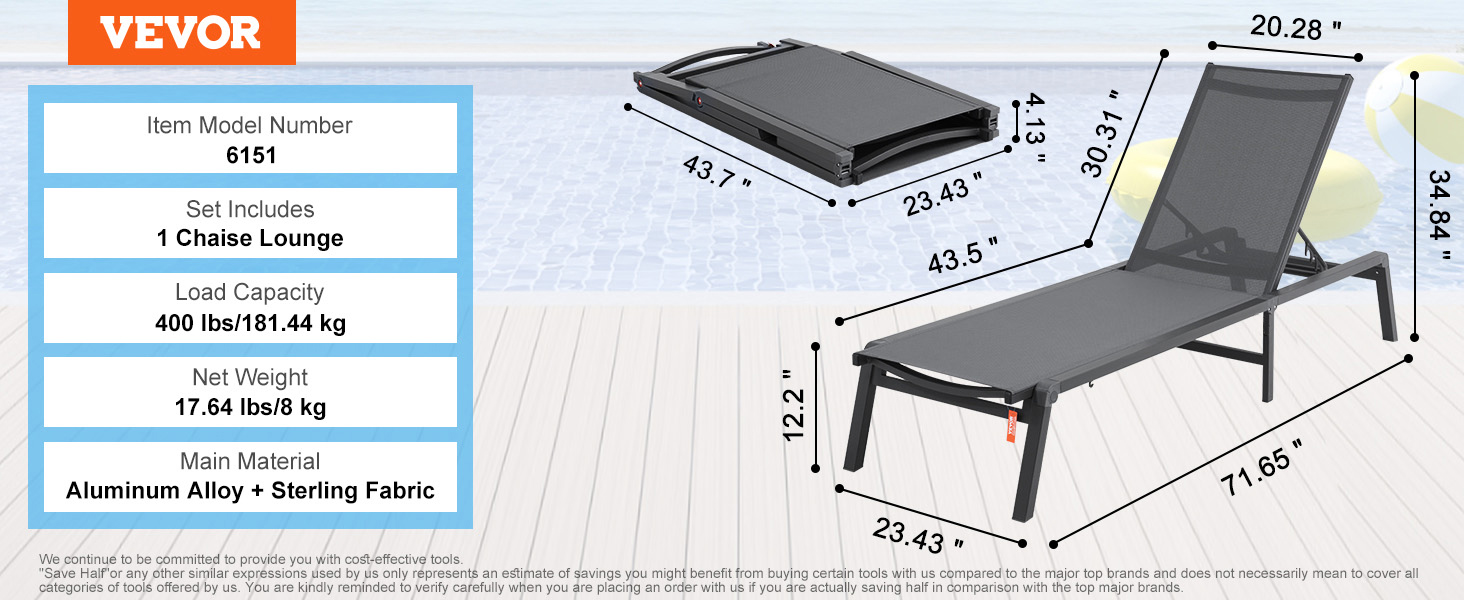 Лежак для відпочинку VEVOR, 182x60x88 см, алюмінієвий, 5 положень, для саду, тераси, пляжу, басейну, темно-сірий