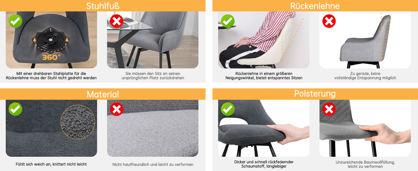 LEWE Комплект обідніх стільців 6 шт., поворотні, для кухні, вітальні, спальні, ергономічні, без підлокітників, тканина кашемір (темно-сірий, 4 поворотні)