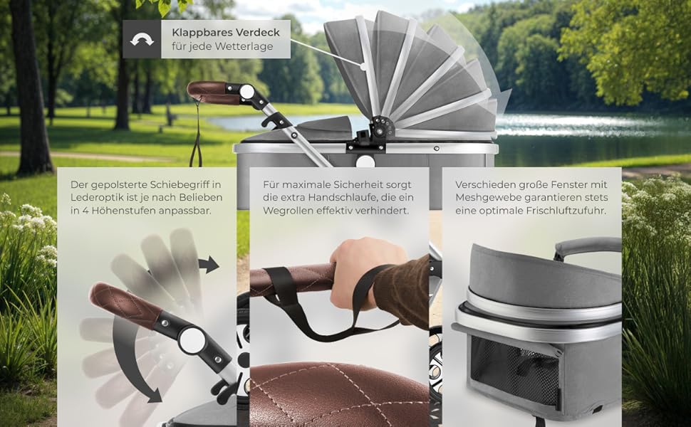 Дитяча коляска Tectake 2 в 1, розкладний візок-бугі з функцією ліжечка, з підставкою для ніг, візок з тримачем для напоїв, знімною колискою та дощовиком (Сірий)