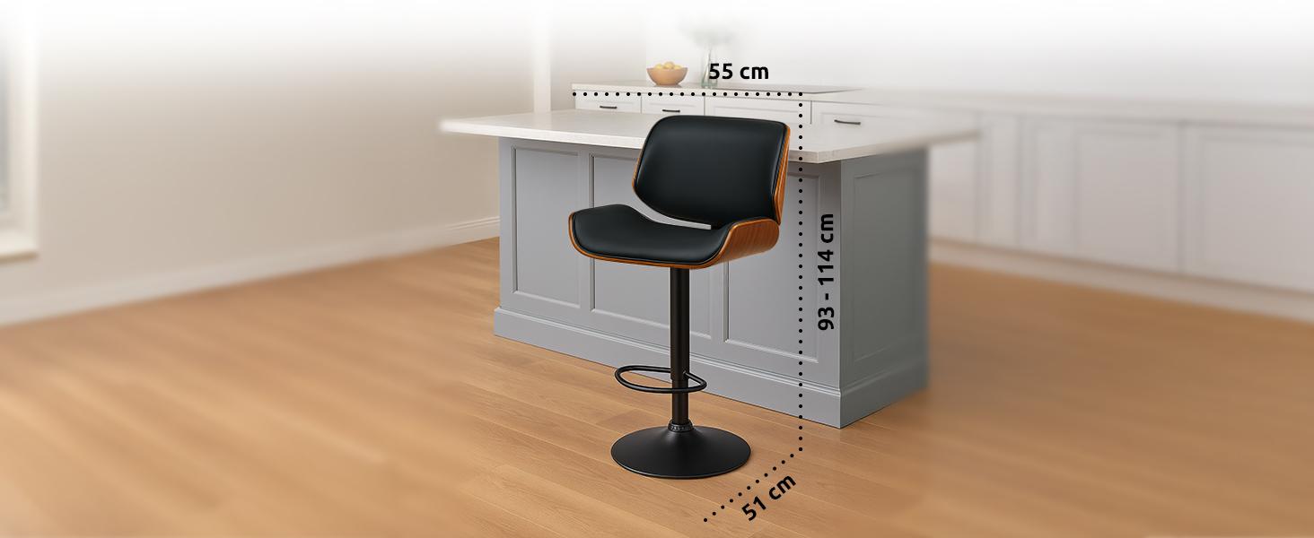 Барний стілець CLP Beverley з штучної шкіри, регульована висота та поворот, дерев'яний табурет з підніжкою, колір: горіх/чорний