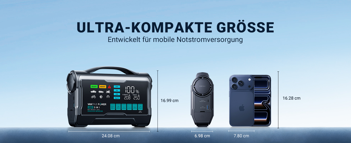 Пусковий пристрій для авто VANTRUE POWER JS3: бустер-павербанк з компресором 160 PSI, чорно-сріблястий