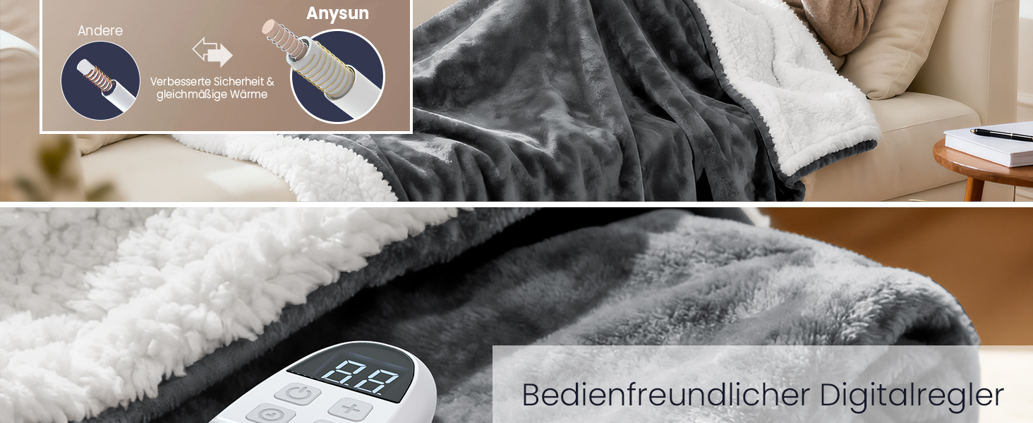 Електрична ковдра AnySun 200x180 см з автовимкненням, 6 рівнів нагріву, таймер 10 годин, захист від перегріву, сіра, для ліжка, дивану, машинне прання