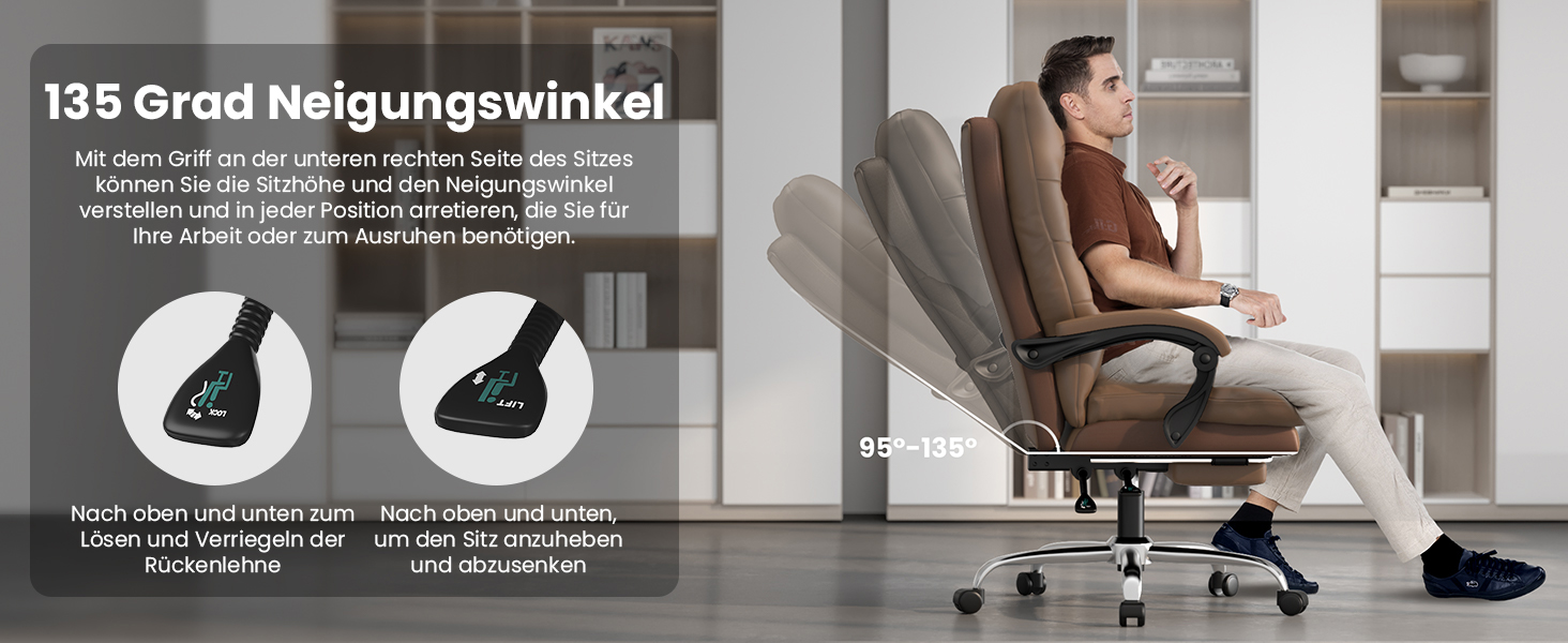 Ергономічне крісло для офісу Naspaluro з підніжкою, комп'ютерне крісло з подвійним шаром подушок, високою спинкою, функцією відкидання, регулюванням висоти, PU-шкіра, до 150 кг (колір: коричневий, штучна шкіра)