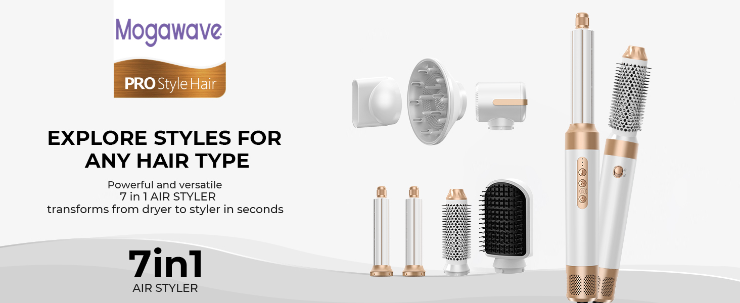 Mogawave Airstyler Pro 1000W – 5-в-1 Фен-щітка, Стайлер для волосся з негативними іонами (біло-сірий)