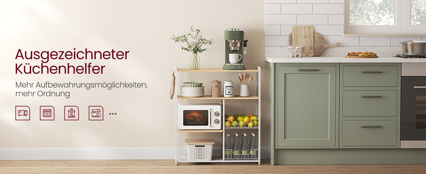 Стелаж кухонний VASAGLE з 2 металевими кошиками, рейли та полиці, для мікрохвильової печі, 35 x 80 x 93,5 см, золотий дуб + білий