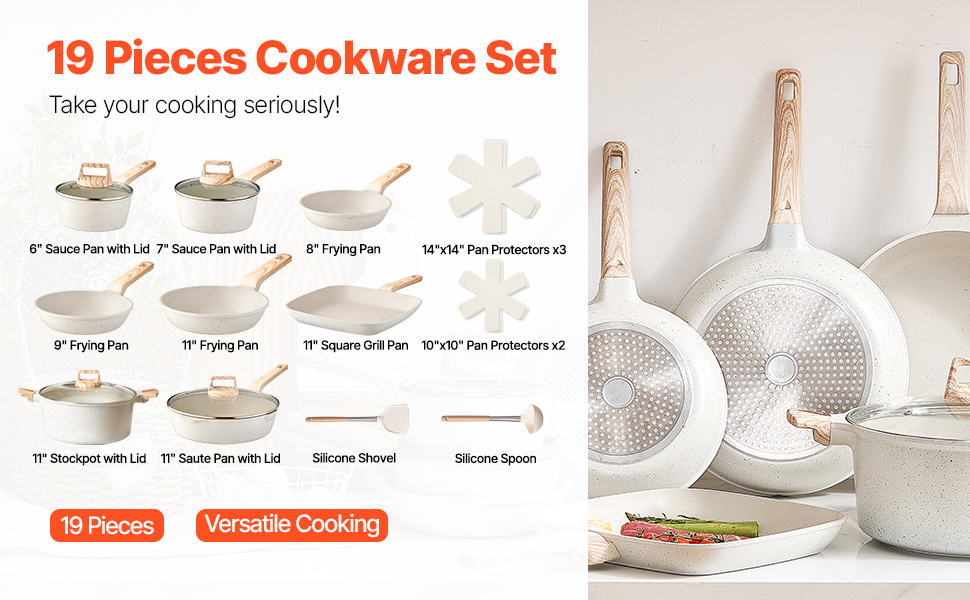 Набір каструль та сковорідок VEVOR з нержавіючої сталі (19 предметів) з кришками з термостійкого скла, антипригарне покриття, для кухні та кемпінгу, підходить для приготування соусів, тушкування та варіння (білий)
