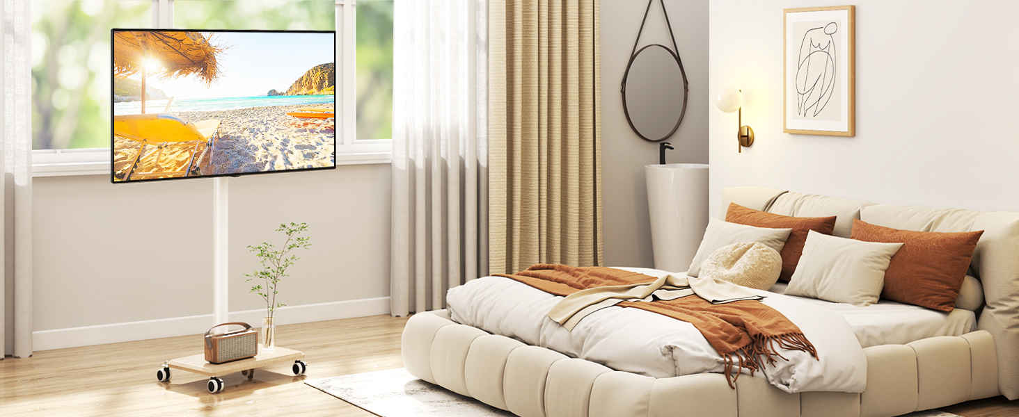 Підставка для телевізора на колесах з полицею, телевізійна тумба, мобільна підставка для телевізора 27-55 дюймів, до 40 кг, VESA 400x400 мм (Бежева)