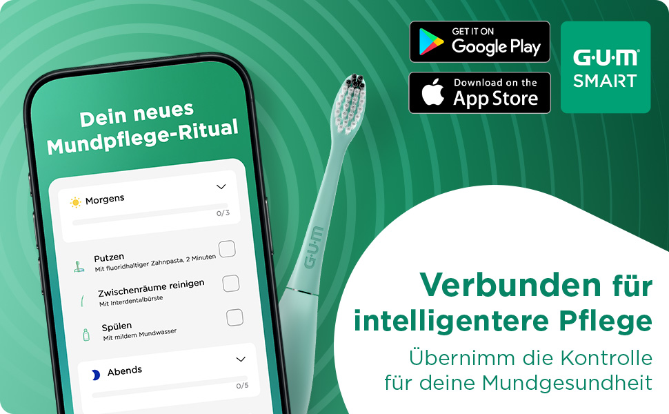 Електрична зубна щітка GUM SMART ONE з контролем швидкості, таймером, 4 режимами чищення, акумулятором до 6 тижнів та додатковими насадками (3 шт) м'ятно-зеленого кольору
