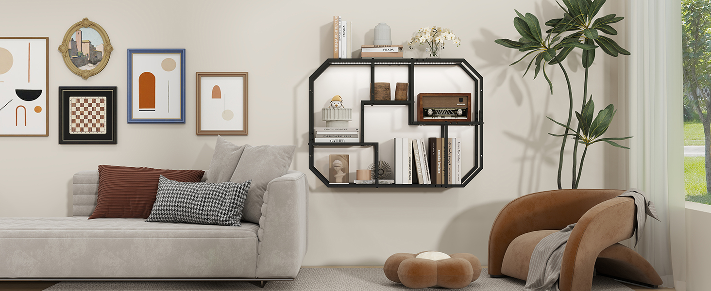 Підвісні полиці YU YUSING з RGB підсвічуванням 7 кольорів, геймерські полиці з 8 гачками, полиці для демонстрації, настінна вітрина з 2 скляними полицями, підвісна вітрина для спальні, кухні, бару, ігрової кімнати, шестигранна (чорний колір)