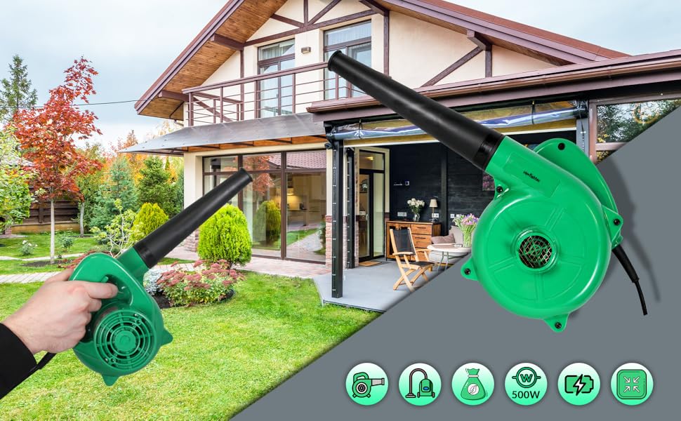 Електричний міні-листозбір Fishtec з функцією пилососа та мішком для збору листя - 500 Вт, 180 см, зелений