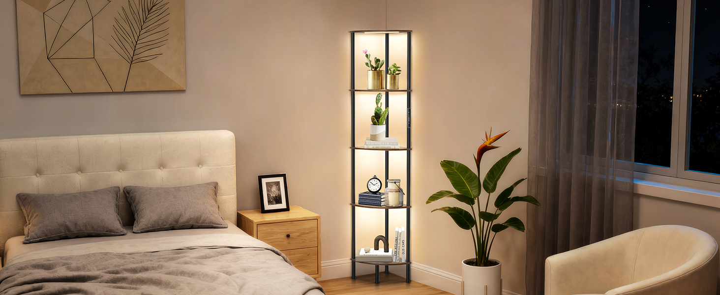 LED торшер з полицею, 3 режими світла, димування (сенсор/пульт), кутова полиця 5 рівнів, вузька книжкова шафа для вітальні, спальні, офісу, чорний