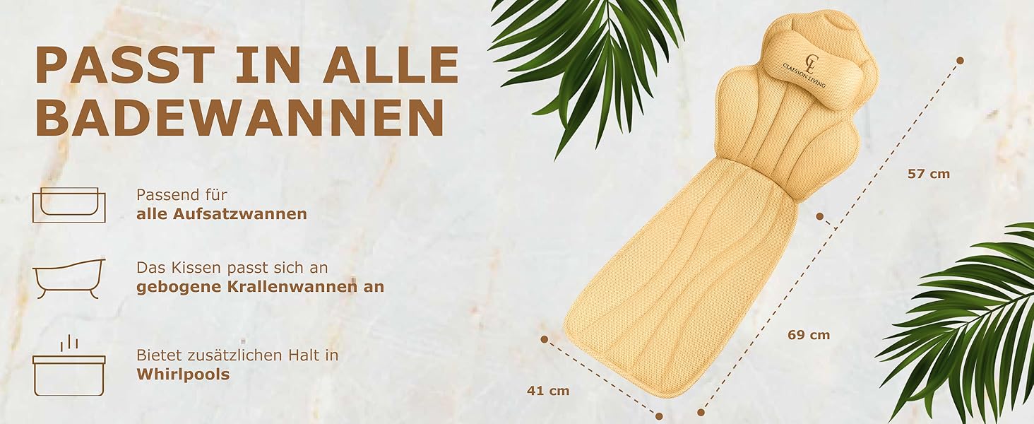 Подушка для ванни повне тіло (152x56 см) з підголівником (11 см) - підтримка шиї, спини та ніг - бежева. З сумкою для прання та подорожей, гачком для сушіння.