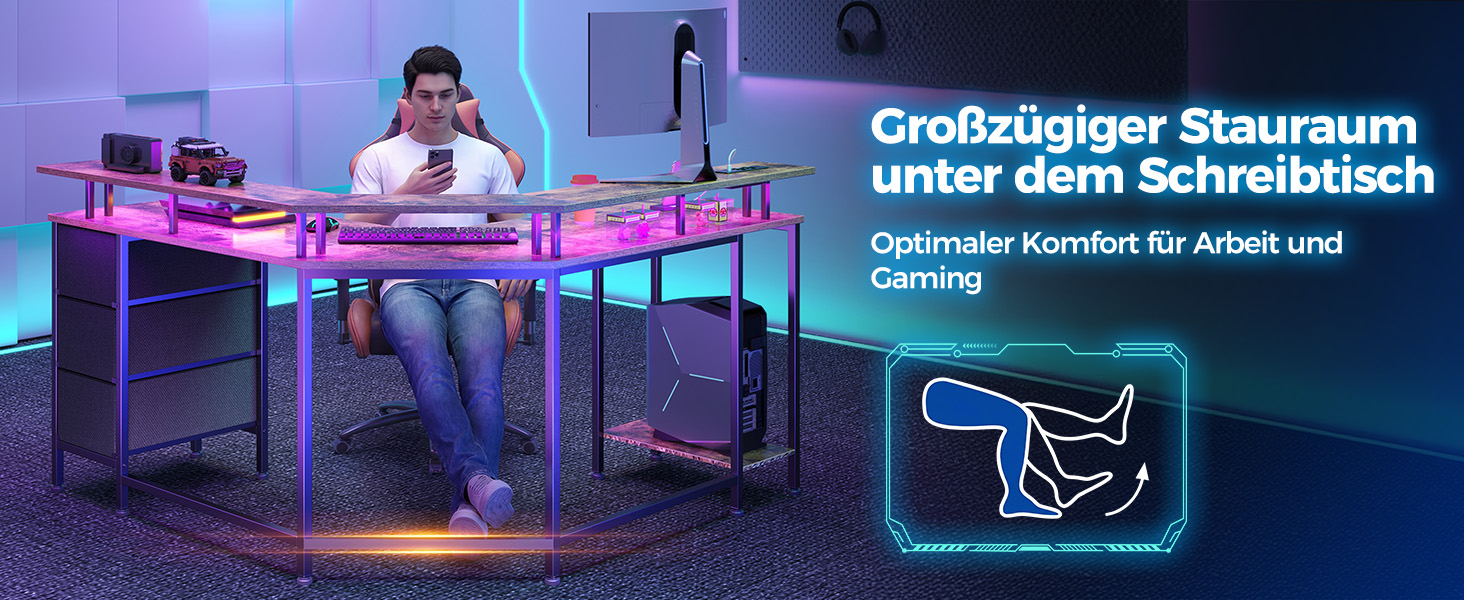 Ігровий кутовий стіл Seventable L-подібної форми з LED підсвіткою та розетками, 3 висувні ящики, стіл для дому та геймінгу, 135x135x88 см (Вінтажний коричневий)