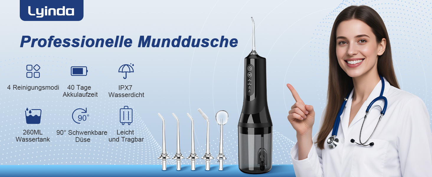 Електрична ірigator для порожнини рота Munddusche: покращена модель 2025, 260 мл резервуар, IPX7 водонепроникність, 5 насадок, 4 режими, для подорожей та дому. Чорний
