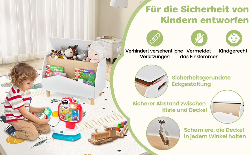 COSTWAY Скринька для іграшок з полицею, дерев'яна іграшковий ящик з кришкою, комод для іграшок, органайзер для дитячої кімнати, 60x30x44 см (Білий)