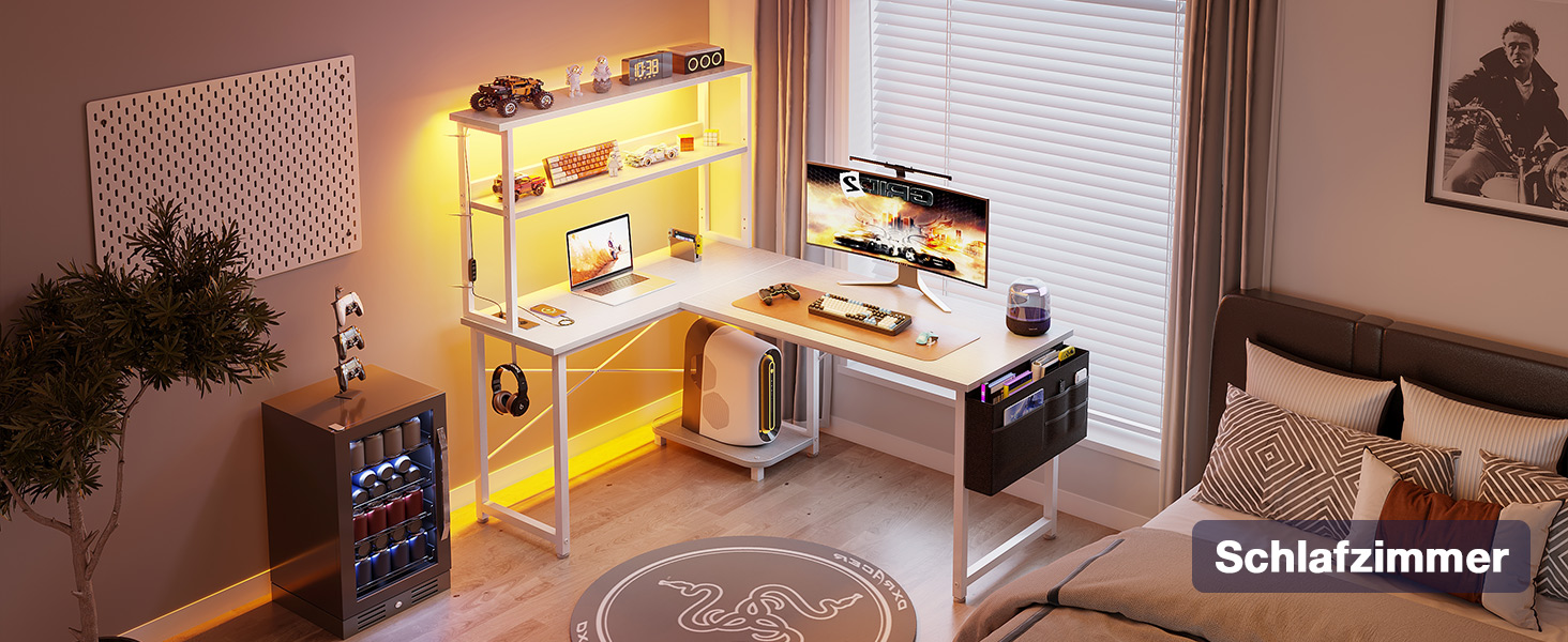 Ігровий стіл Coleshome L-подібної форми з LED підсвічуванням та розетками, 115x80 см. Реверсивний стіл з полицями для зберігання, ігровий кутовий стіл з сумкою для дому та геймінгу.