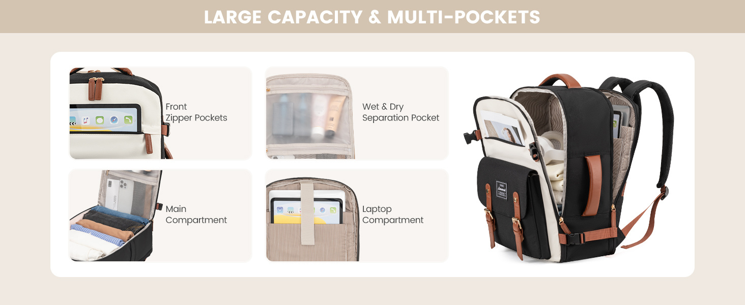 Рюкзак LOVEVOOK для ручної поклажі в літак, жіночий, водонепроникний, універсальний, для ноутбука 17 дюймів, шкільний, для студентів, подорожей, чорний/коричневий, 45x32x15 см