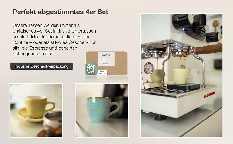 Набір еспресо-чашок HomeBerlin Barista Pro - 4 шт. по 80 мл з підставками - преміум якість, ручна робота