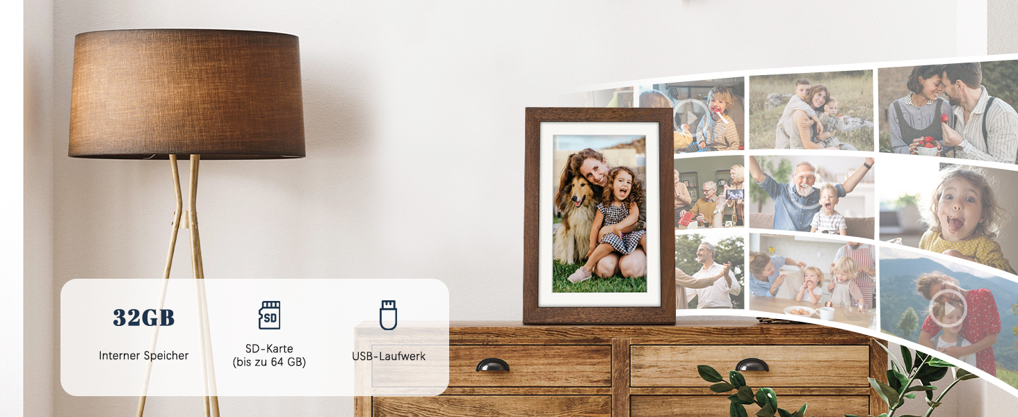 Цифровий фоторамка Frameo 10.1 дюйма з Wi-Fi, горіхове дерево, 32GB, IPS Touchscreen, Wi-Fi, фото/відео через додаток Frameo, подарунок для чоловіків та жінок