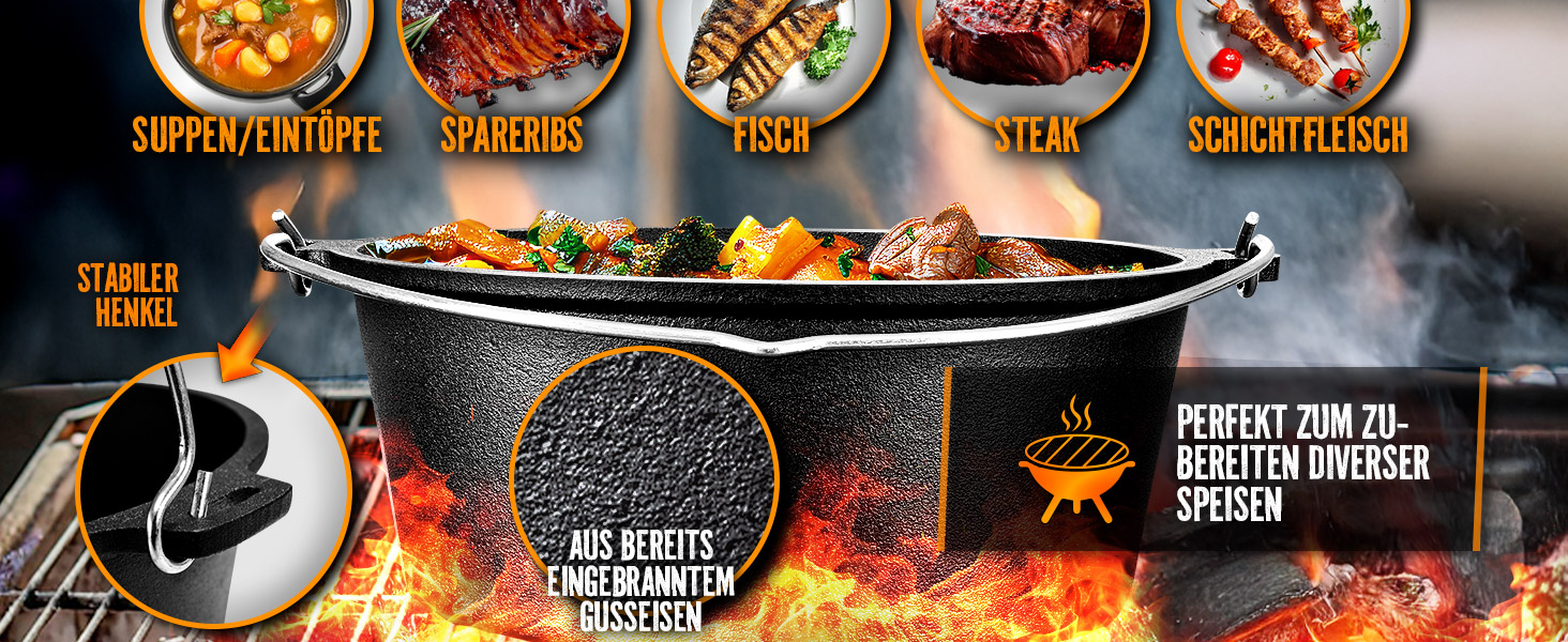 Набір голландської печі з рецептами | вже обпалений - попередньо оброблений | Голландська піч з чавуну | жаровня з підйомником кришки та ручками (каструля без ніжок, 4,2 літри / 4,5 QT) Каструля без ніжок 4,2 літри / 4,5 QT