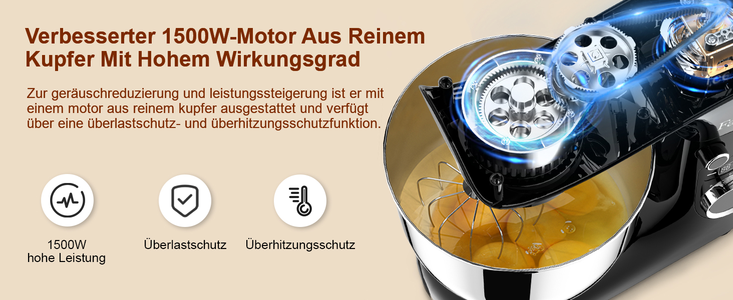 Кухонна машина Facelle 1500W з місткістю 5,5/4,5л: міксер, тістоміс, набір насадок, тиха робота (чорний)