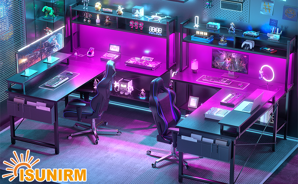 iSunirm L-подібний ігровий стіл з розетками та LED-підсвіткою, компактний, з підставкою для монітора та полицею, з сумкою для зберігання, Коричневий (Чорний)