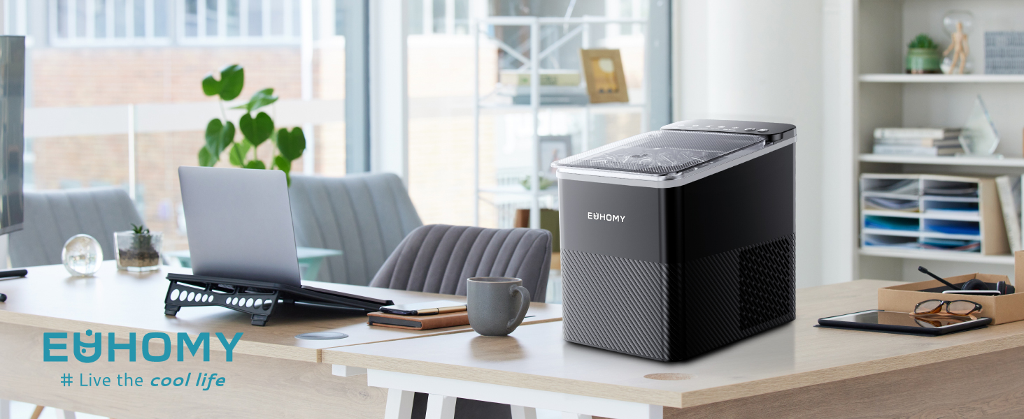 Машина для приготування льоду EUHOMY, компактний дизайн, однокнопкове керування, 9 кубиків льоду у 2 розмірах, автоматичне очищення, інтелектуальні сповіщення, прозорий кришка, чорний колір, для офісу/кухні/спальні, продуктивність 12 кг/24 год
