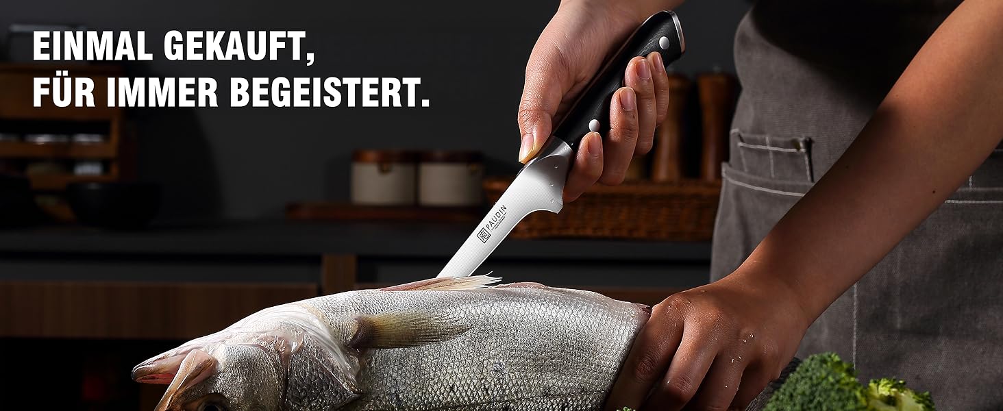 Набір кухонних ножів Paudin 7 предметів з дерев'яним блоком, професійний набір ножів для кухні, з високоякісним лезом та ABS ручками (рибний ніж)