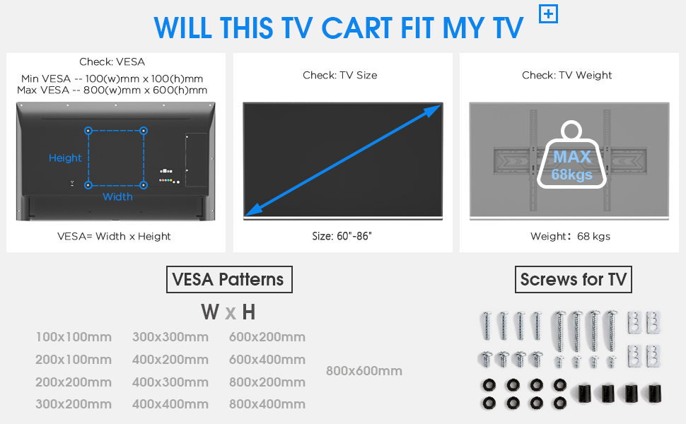 Підставка для телевізора TVON: для плоских та вигнутих екранів 60-86 дюймів, регульована висота, до 68 кг, VESA 800x600 мм, білий
