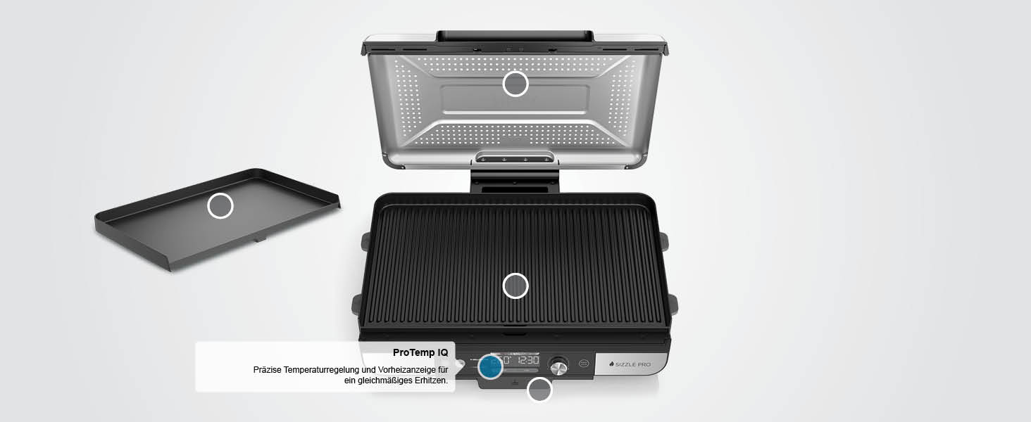 Ninja Sizzle Pro XL: гриль та плоча для дому з антипригарним покриттям, збірний, з піддоном для жиру та рецептами, срібно-чорний, GX101EU XL