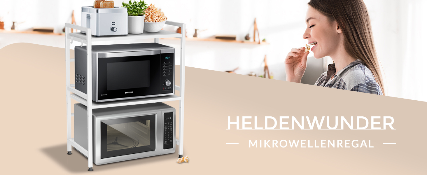 Поличка для мікрохвильової печі, кухонна поличка, сталева | 3-ярусна, регульована висота та довжина, з гачками, інструкція у відеоформаті (Білий)