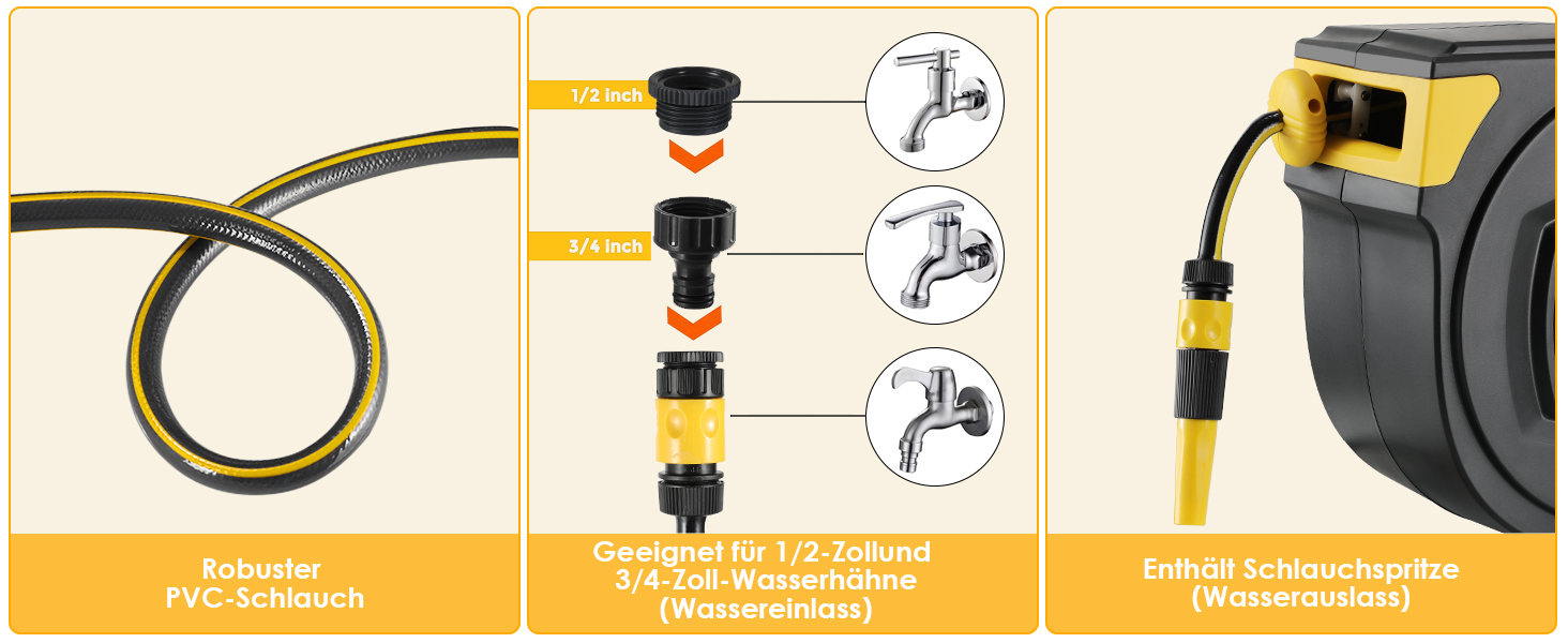 Шланговий барабан з шлангом для саду з автоматичним змотуванням, поворотний на 180°, настінна шланговий бокс з ручною лійкою (9 функцій), для поливу та миття авто (чорно-жовтий, 30м)