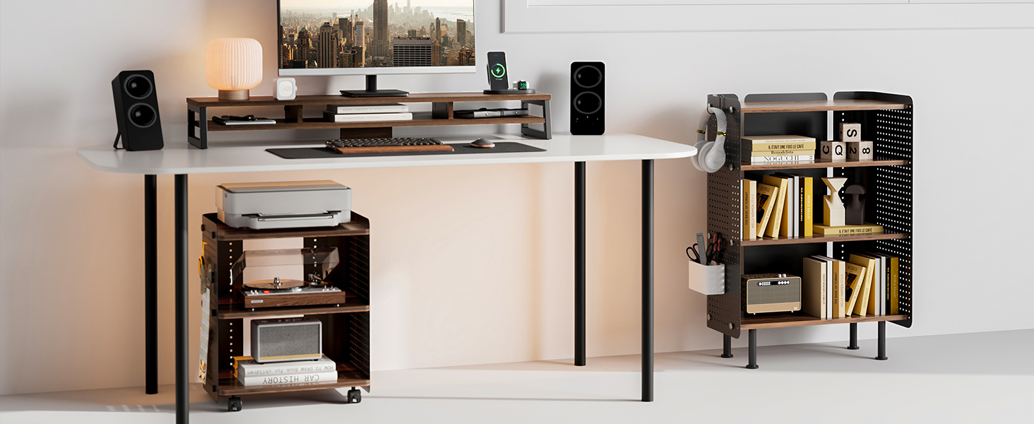 Стіл для принтера Fenge з колесами, мобільний тримач для принтера з перфорацією, 3 рівні, стійка для принтера/роликовий контейнер з органайзером, полиця, шафа для документів, для офісу та дому, 45,3x33,5x53,5 см (Дуб+Білий)