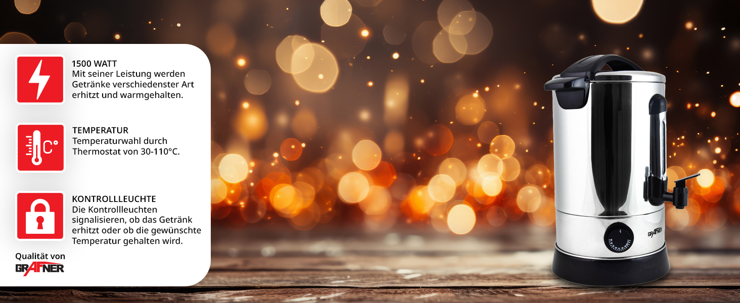 Електричний диспенсер для глінтвейну Grafner XL з нержавіючої сталі, 8,8 л, 1500 Вт, з краном, термостатом та захистом від перегріву