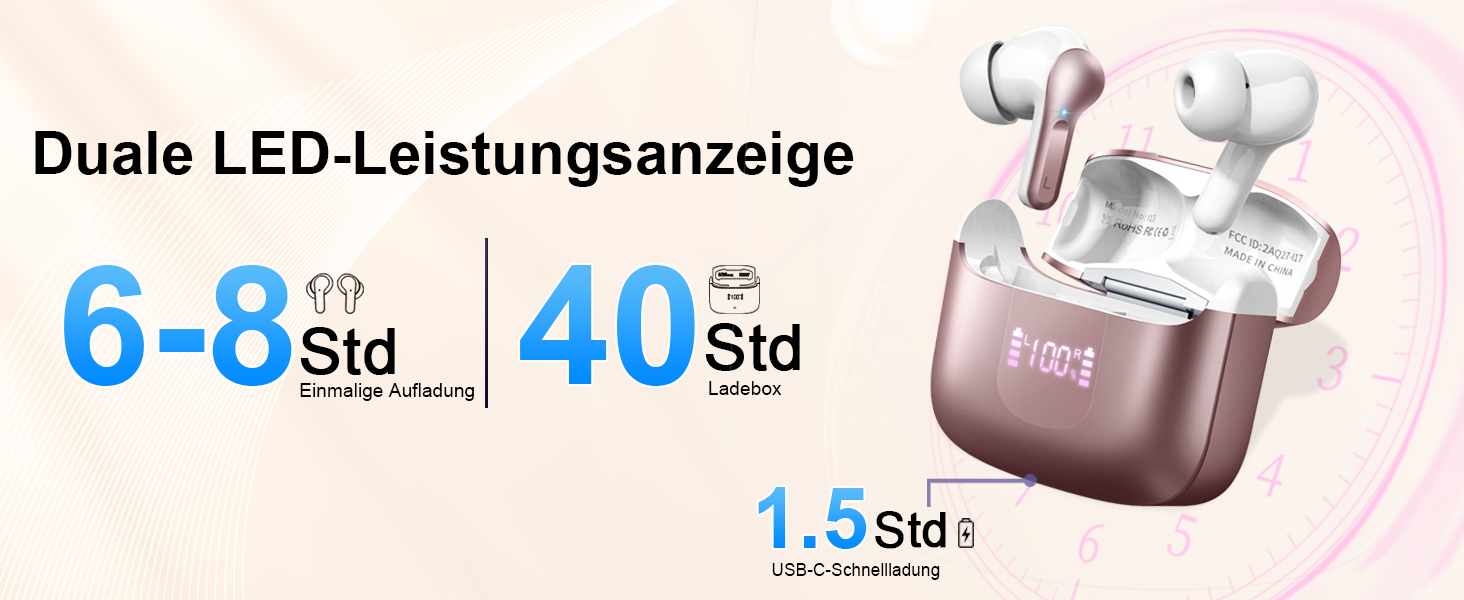 Навушники Bluetooth, 2024, 48 год бездротовий, Bluetooth 5.3, 3D Hi-Fi, мікрофон ENC, 3.8 г, IP7, світлодіод, USB-C, рожеве золото