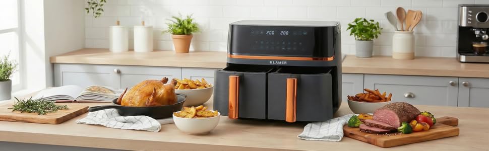 Аерофритюрниця KLAMER Duo 9L з двома кошиками та цифровим дисплеєм, 10 автоматичних програм, 3000 Вт, мідна, для здорового приготування без олії